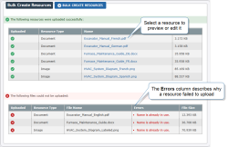 A page of results after creating resources in bulk. The user has created four documents and two images. Also, two documents and one image could not be uploaded because the file names are already in use.